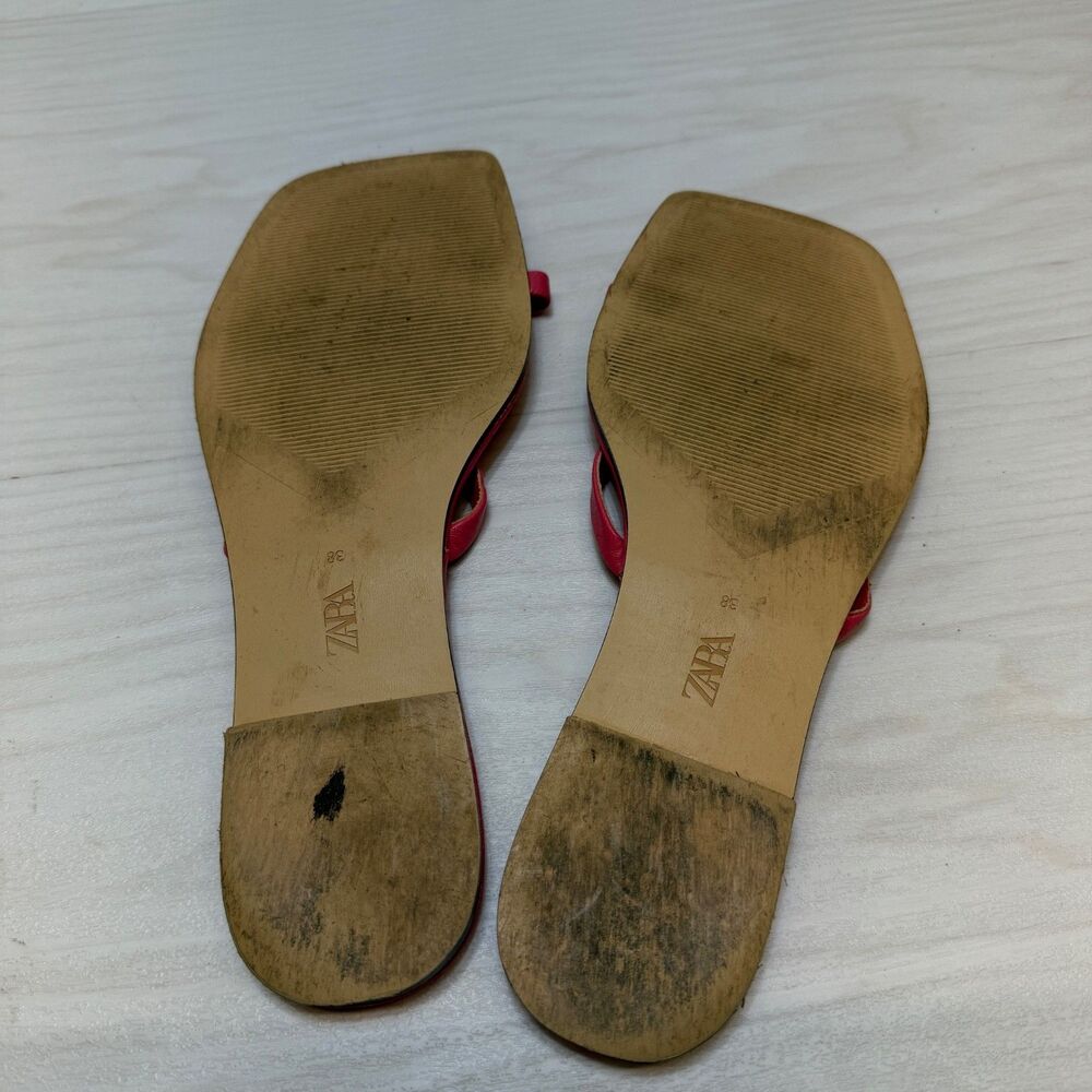 Zara‎ Flat Leather Womens Sandals Pink Square Size 38 Casual Slip on - Picture 6 of 8